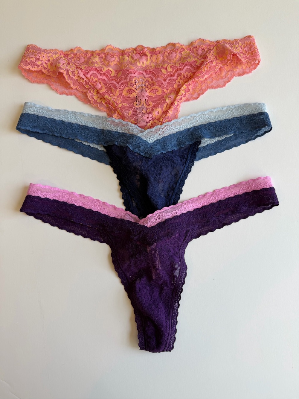 Victoria's Secret Lace Thong Trio - Coral, Navy, Lilac and Purple